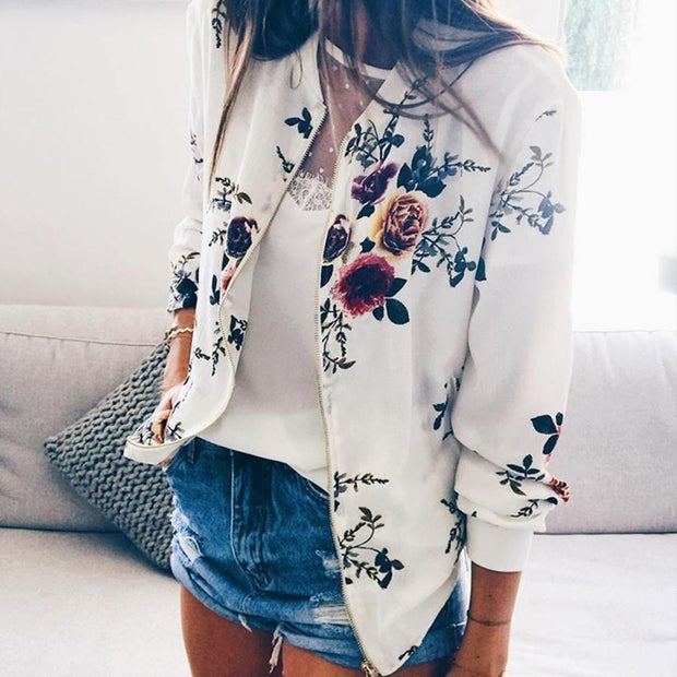 Fashion Printed Round Neck Zipper Long Sleeve Coat