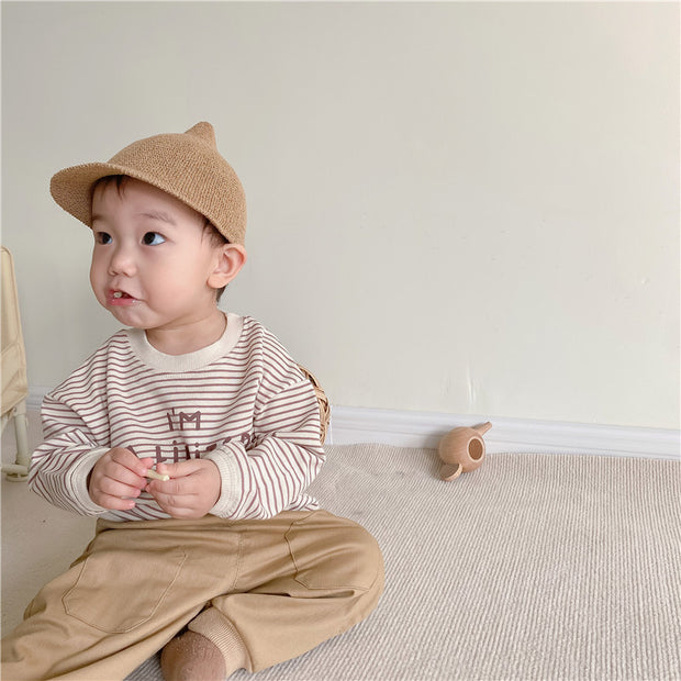 Baby suit Korean version spring new baby alphabet striped T-shirt patch casual pants baby two-piece suit