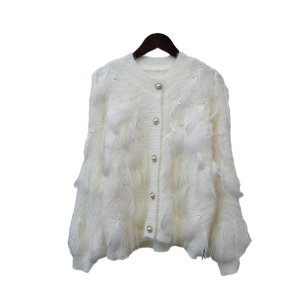 Artificial Mink Fur Gentle Design Feather Beaded Tassel Knitted Cardigan Sweater Coat