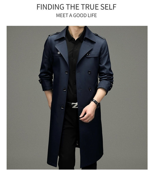 Double Breasted Men's Long Trench Coat Business Casual Lengthened