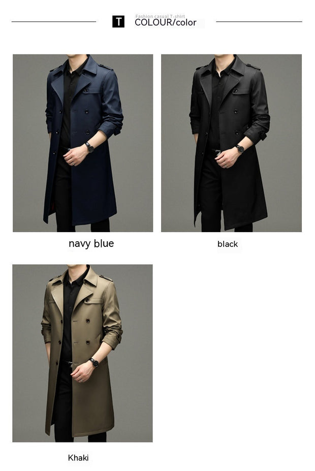 Double Breasted Men's Long Trench Coat Business Casual Lengthened