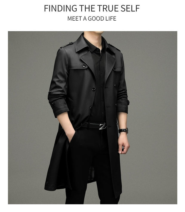 Double Breasted Men's Long Trench Coat Business Casual Lengthened