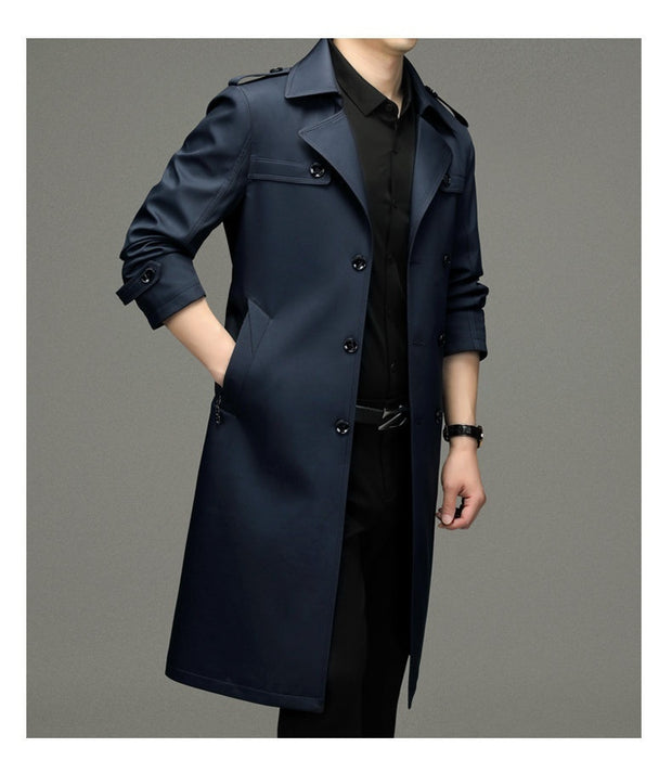 Double Breasted Men's Long Trench Coat Business Casual Lengthened