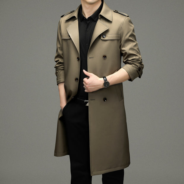 Double Breasted Men's Long Trench Coat Business Casual Lengthened