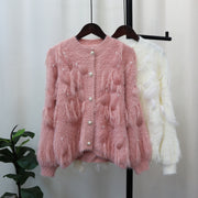 Artificial Mink Fur Gentle Design Feather Beaded Tassel Knitted Cardigan Sweater Coat