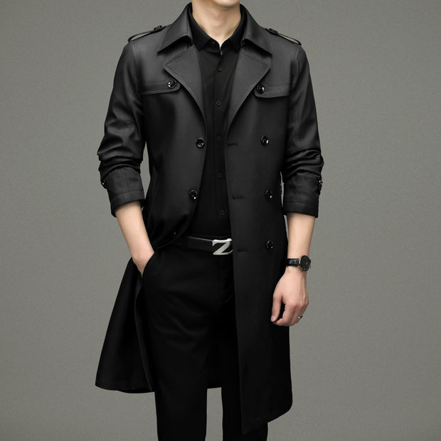 Double Breasted Men's Long Trench Coat Business Casual Lengthened