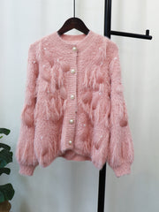 Artificial Mink Fur Gentle Design Feather Beaded Tassel Knitted Cardigan Sweater Coat