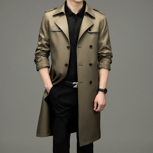 Double Breasted Men's Long Trench Coat Business Casual Lengthened