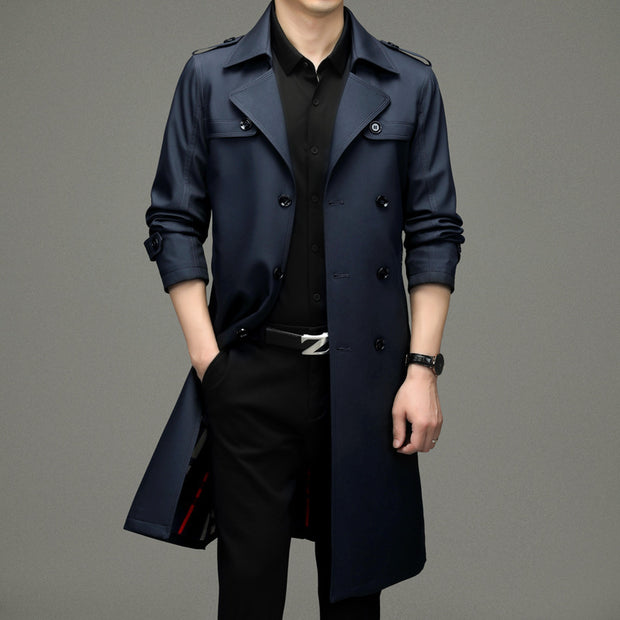 Double Breasted Men's Long Trench Coat Business Casual Lengthened